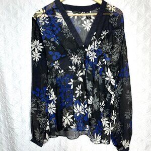 Dark Fairy Cottage Feminine black white babydoll sheer top w/ balloon sleeves, L